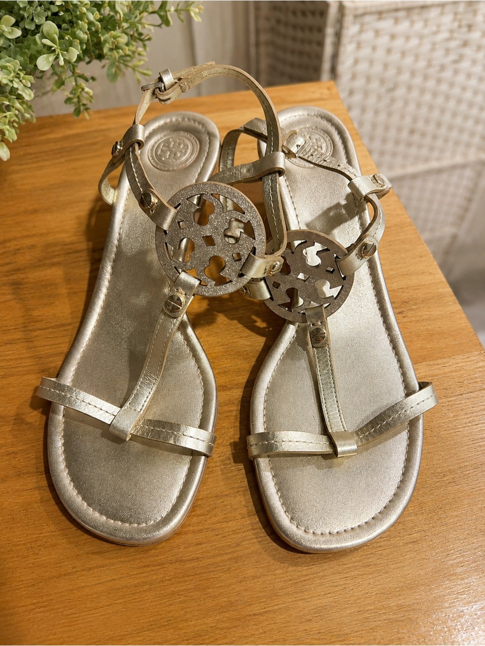 Tory Burch Metallic Gold Logo T-Strap Sandals